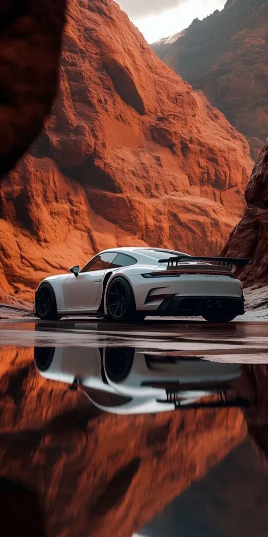 Ảnh màn hình chiếc ô tô cổ màu kem đứng im trong gara gạch cũ, đèn vàng hắt lên nắp capo cong khiến ảnh nền xe hơi HD mang cảm giác ấm và rất đời