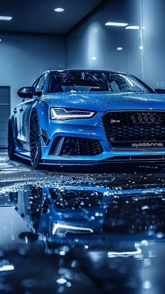 Mẫu coupe màu xanh rêu nằm trong studio nền xi măng, ánh đèn trần quét dọc mui xe khiến từng đường gân nổi rõ như một khung ảnh màn hình Ultra HD