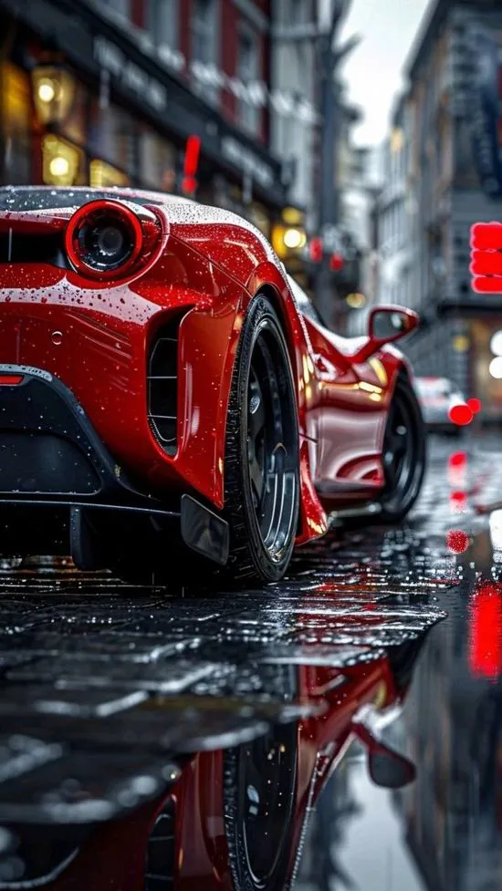 Một chiếc sedan đen bóng đậu dưới mái trạm xăng cũ lúc đêm muộn, bóng neon tím rơi lên hông xe làm ảnh nền xe cộ 4K đậm chất phố mà không rối