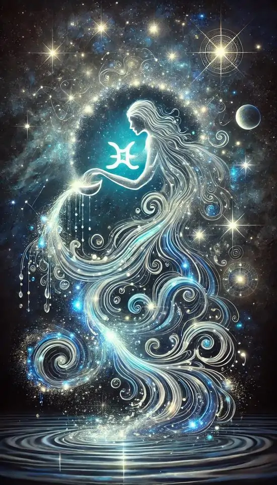 Ảnh wallpaper biểu tượng Người Mang Nước hiện bằng những vệt sáng bạc cuộn lên giữa nền tối, nước và sao xoáy quanh ký hiệu nhỏ phía trên, dáng ảnh trung tính rất dễ dùng