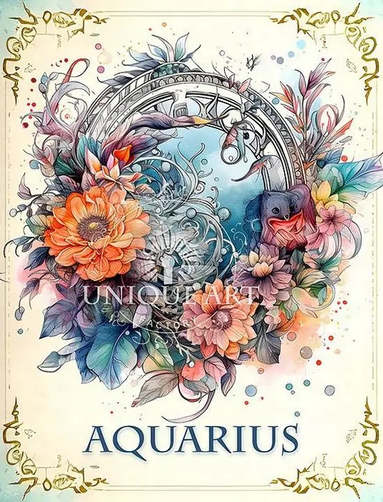 Tranh hoa và lá pastel ôm lấy chữ Aquarius trên nền kem nhạt, bố cục mềm và sáng như thiệp minh họa nên hợp nữ hoặc người thích kiểu chòm sao Bảo Bình nhẹ nhàng