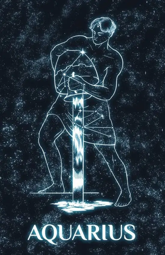 Hình vẽ đường sáng phác một chàng trai đứng thẳng với thanh kiếm trước người, nền đen sâu và chữ Aquarius bên dưới tạo cảm giác mạnh hơn nên hợp nam rõ hơn