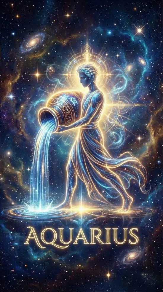 Một cặp đôi ôm nhau giữa quầng sáng xanh vàng, phía dưới hiện chữ Aquarius nổi bật, sắc màu ấm hơn các ảnh khác nên hợp ảnh nền cho nữ hoặc người thích cảm giác lãng mạn