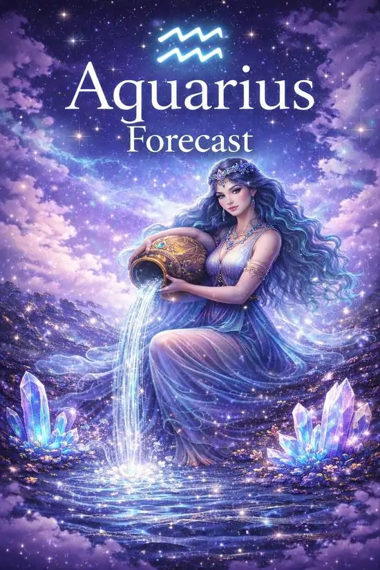 Ảnh nền cung Bảo Bình cô gái ngồi bên mặt nước tím nhạt, tóc dài buông mềm và hàng chữ dự báo phía trên làm khung ảnh giống bìa tạp chí, rất hợp gu nữ mộng mơ