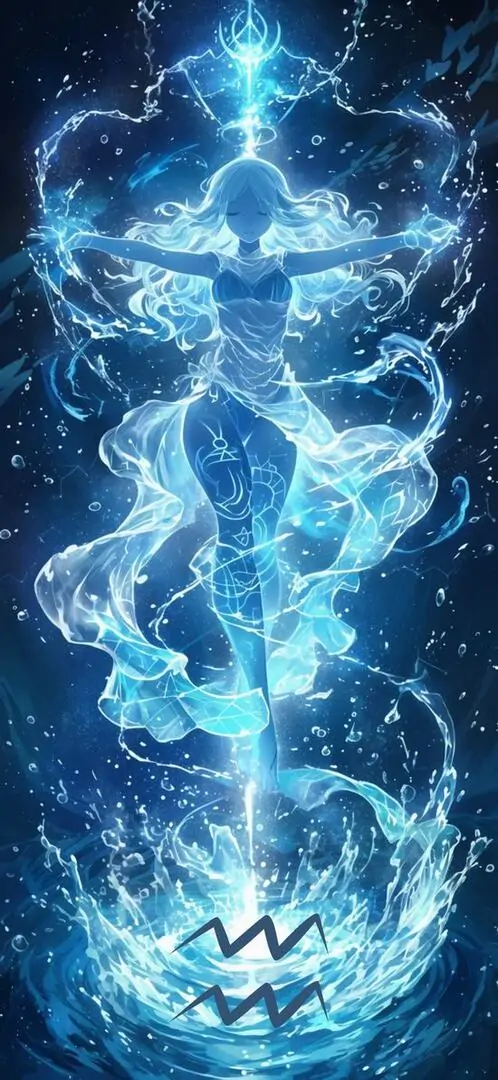 Nhân vật phát sáng xanh lam như làm từ nước đứng thẳng trong cột sáng xoáy, thân người gọn và khỏe, kiểu đồ họa này hợp nam hoặc người thích Aquarius thiên về năng lượng