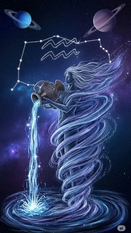 Thiếu nữ tóc tím đứng nghiêng trong dòng nước xoáy lên như váy dài, cánh tay nâng nhẹ chiếc bình dưới chòm sao nhỏ, bố cục thanh mảnh nên nhìn hợp nữ hơn nam