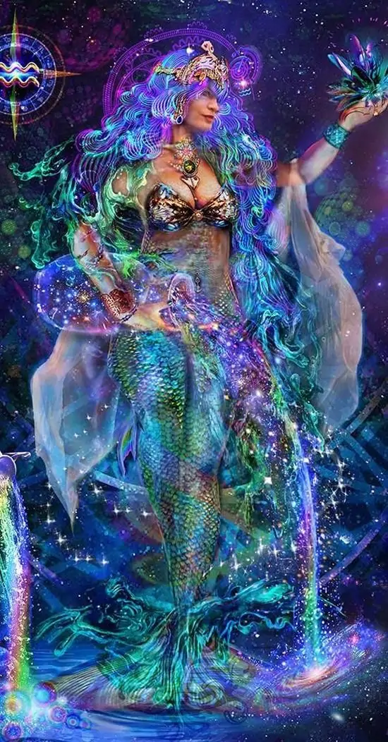 Hình nền cô gái Bảo Bình hiện lên trong lớp màu tím xanh loang sáng, váy dài ôm nhẹ cơ thể, tay giữ bình nước giữa nền ngân hà rất hợp gu nữ thích vẻ mộng