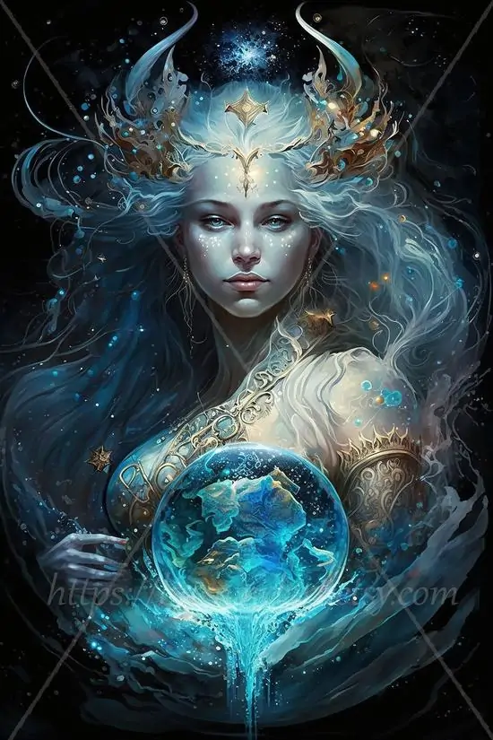 Gương mặt nữ thần xanh lạnh nhìn thẳng, tóc và vương miện như hòa vào biển sao, hai tay ôm quả cầu sáng trước ngực nên ảnh Cung Thủy Bình này nghiêng nhiều về nữ