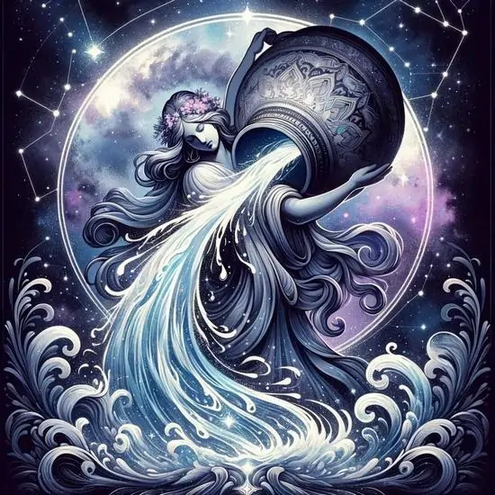 Ảnh nền cô gái tóc dài đổ nước từ chiếc bình khổng lồ, sóng trắng cuộn quanh chân và ánh trăng tím phía sau làm cả ảnh mềm mà vẫn nổi, rất hợp gu nữ