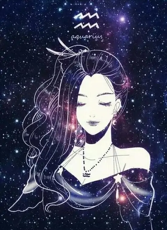 Hình nền điện thoại chân dung cô gái anime nhắm mắt, tóc tím bay rộng trong nền sao và ký hiệu Aquarius trên đầu, tổng thể nhẹ như tranh minh họa nên hợp nữ rõ rệt