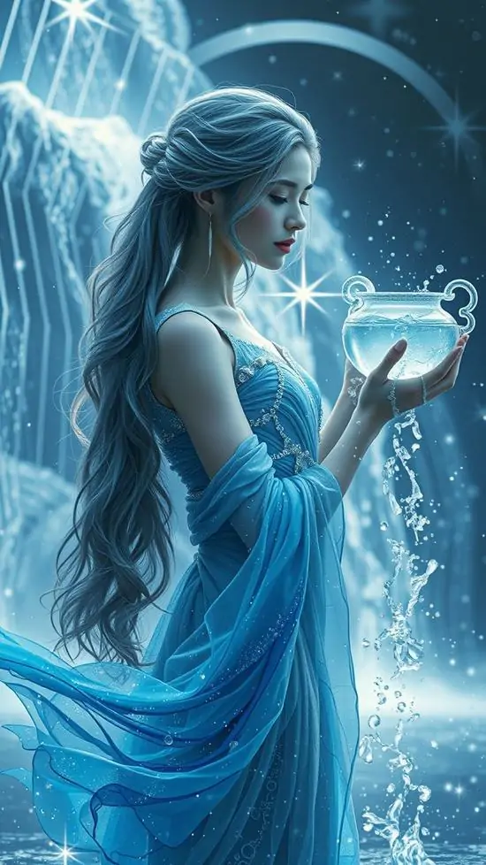 Cô gái tóc xanh đứng nghiêng bên mép nước, tay ôm bình sáng phản chiếu ánh trăng lạnh, váy dài ôm dáng và sắc màu dịu khiến khung ảnh này hợp nữ hơn