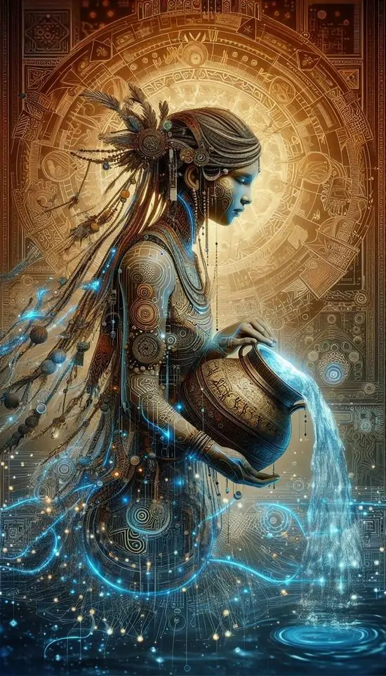 Người phụ nữ nghiêng người bên chiếc bình đồng lớn, tóc nâu bay mềm trong quầng sáng vàng cổ điển, dáng đứng thanh mảnh làm khung ảnh chòm sao Bảo Bình nghiêng về nét nữ tính