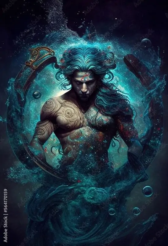 Nhân vật nam lực lưỡng với cơ thể phủ ánh xanh đứng giữa làn nước và khói tối, tóc bùng lên như sóng năng lượng nên ảnh trông mạnh và hợp nam nhiều hơn nữ