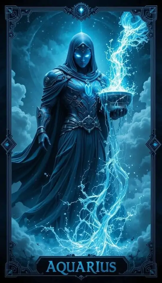 Ảnh nền đt Iphone bóng người mặc áo choàng xanh sẫm đứng giữa dòng sáng cuộn quanh chân, chữ Aquarius phía dưới nhỏ gọn làm tổng thể lạnh và trung tính, hợp cả nam lẫn nữ