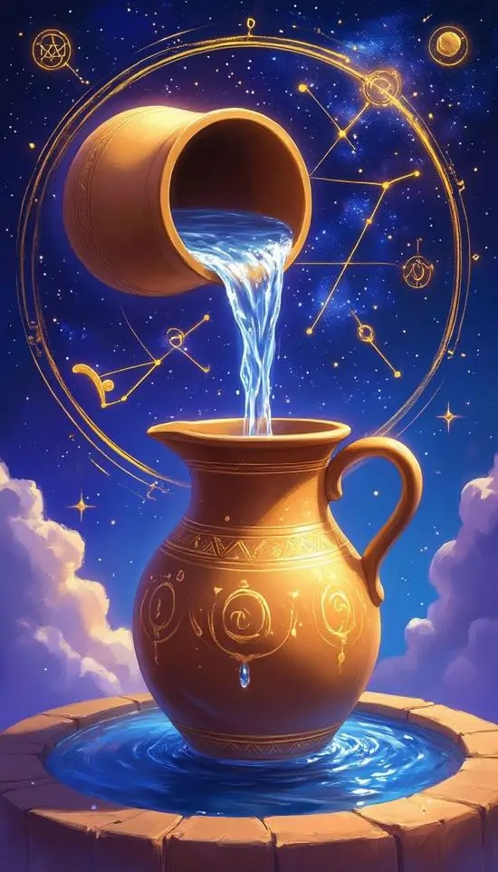 Hình nền dọc chiếc bình đất nung đặt dưới quầng sáng tròn, dòng nước vàng chảy nhẹ ra ngoài trên nền tím xanh nên khung ảnh Aquarius này hợp người thích biểu tượng trung tính