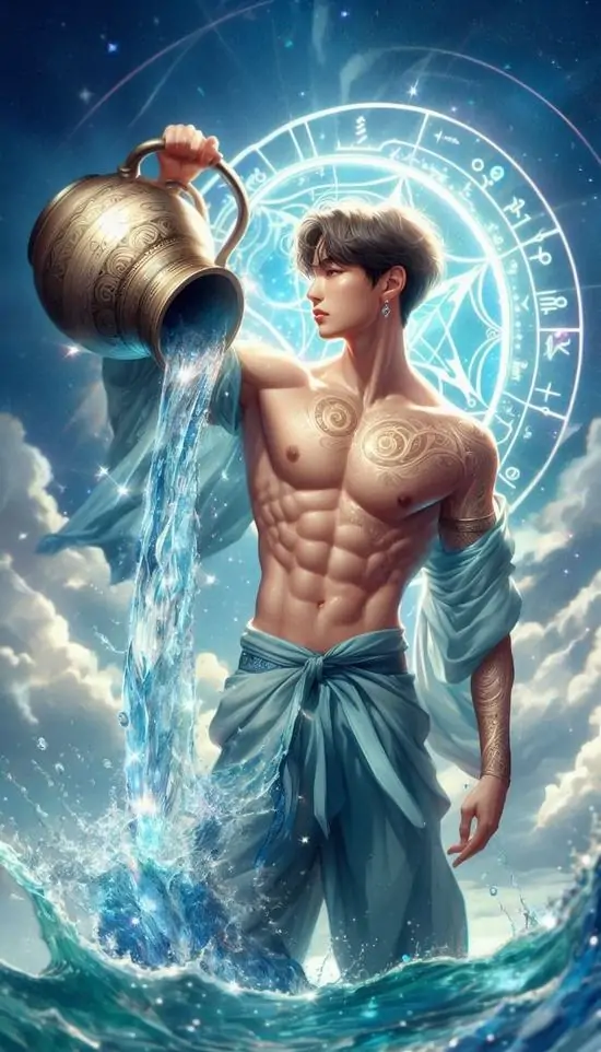 Chàng trai cởi trần nghiêng vai vác bình nước, cơ tay nổi rõ dưới quầng sáng xanh phía sau nên hình ảnh cung Bảo Bình này thiên về nam khỏe khoắn hơn