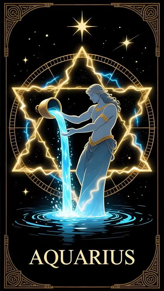 Biểu tượng ngôi sao vàng lồng vào dòng nước xanh phát sáng trên nền đen, chữ Aquarius nằm gọn phía dưới, kiểu đồ họa này sáng rõ và trung tính nên nam nữ đều dùng đẹp