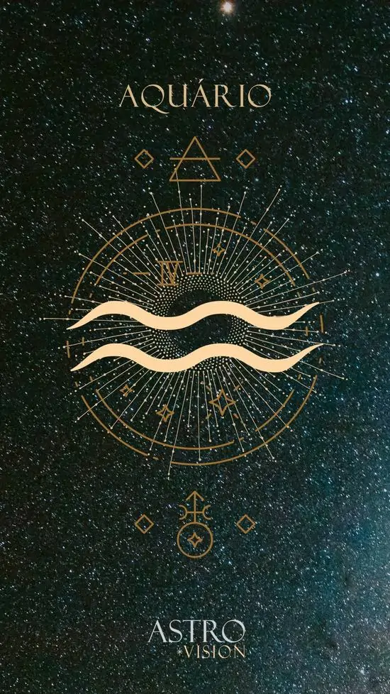 Ảnh nền ký hiệu sóng nước của Aquarius đặt giữa nền xanh đen lấm tấm sao, đường nét tối giản và ánh vàng mảnh gọn gàng, hợp làm ảnh cho người thích phong cách trung tính