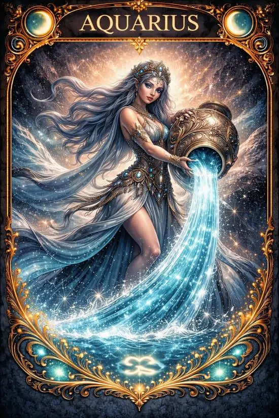 Khung tranh dọc vẽ nữ thần mặc váy xanh trắng đang xoay người rót nước, tóc dài tung rộng và viền họa tiết cổ điển khiến hình ảnh cung Bảo Bình thiên hẳn về nữ