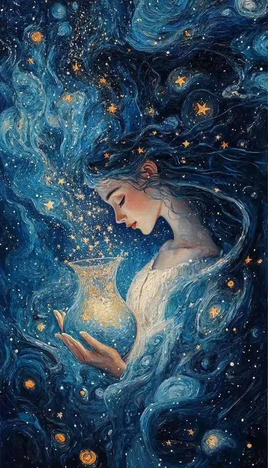 Ảnh bìa thiếu nữ nổi giữa bầu trời sao xanh sẫm, tay khép trước ngực như đang lắng nghe dòng chảy tri thức, ánh nhìn dịu và dáng nhỏ khiến ảnh hợp cho nữ