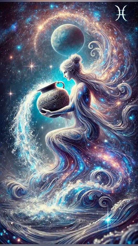 Cô gái tóc dài uốn theo dòng nước phát sáng, cơ thể xoay nửa nghiêng giữa vòng tròn sáng xanh tím, cảm giác mềm và bay nên hợp với người mê ảnh Thủy Bình nữ