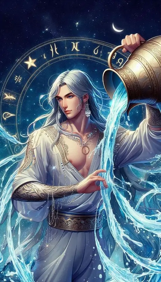 Hình nền điện thoại chàng trai Aquarius mặc áo sáng màu đứng ôm bình nước, nền tròn hoàng đạo phía sau làm bố cục chắc hơn, gương mặt hiền và dáng ảnh hợp nam lẫn nữ