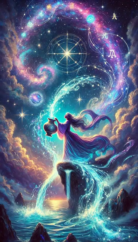 Một nhân vật nhỏ ngẩng lên giữa vòng xoáy tinh vân xanh tím, chiếc bình đặt trước mặt phát sáng như cửa mở vào không gian đa chiều, ảnh này hợp cho người thích chất phiêu hơn giới tính