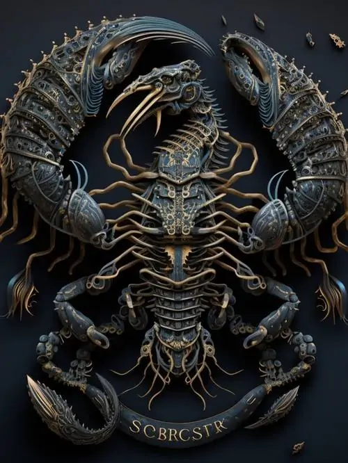 Một vệt mực tàu loang trên giấy dó thành dáng bọ cạp đang co mình, sắc đen nhạt đậm chồng lên nhau làm ảnh Thiên Yết mang chất thư pháp nhiều hơn đồ họa