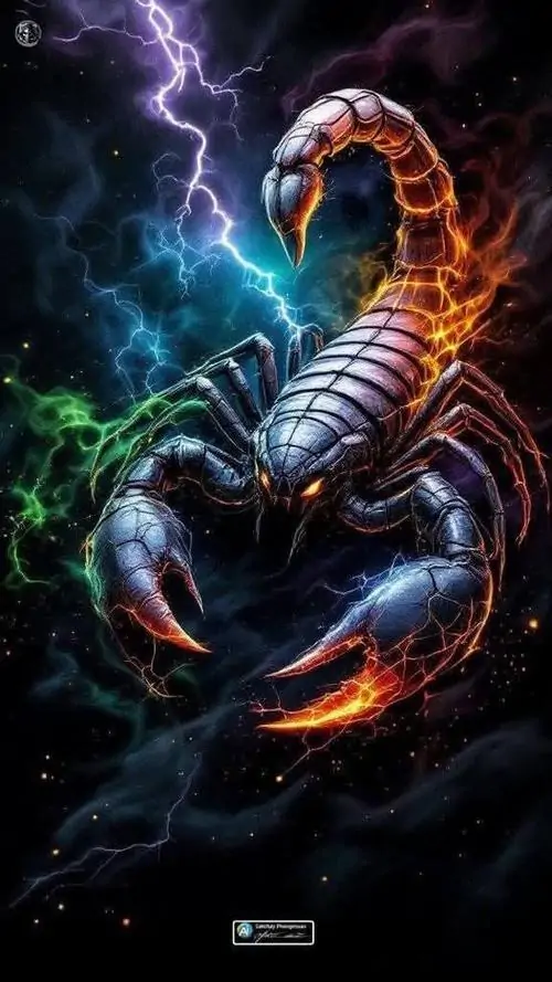 Tranh cắt giấy đỏ đen tạo hình biểu tượng chữ M của cung Bọ Cạp bên mép trăng non, những mảng rỗng đặc đan nhau làm tổng thể gắt mà vẫn gọn mắt