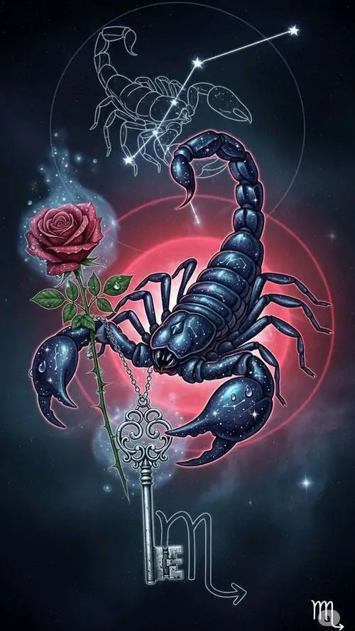 Một bức tranh kính ghép dùng mảnh xanh rêu và đỏ rượu vang để dựng ký hiệu Scorpio, ánh sáng xuyên qua làm viền chì nổi lên thành từng lát rất rõ