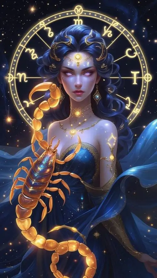 Người phụ nữ tóc xanh nhìn thẳng trong vòng tròn hoàng đạo, con bọ cạp vàng ôm dọc thân và vai làm tấm chòm sao Scorpio này vừa mềm dáng vừa sáng màu