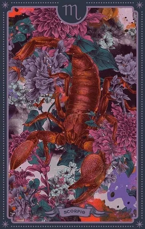 Ảnh wallpaper con bọ cạp đỏ được đặt giữa nền hoa lá tím hồng dày đặc, khung viền mảnh giữ bố cục gọn để màu sắc của cung Bọ Cạp bật lên rõ hơn