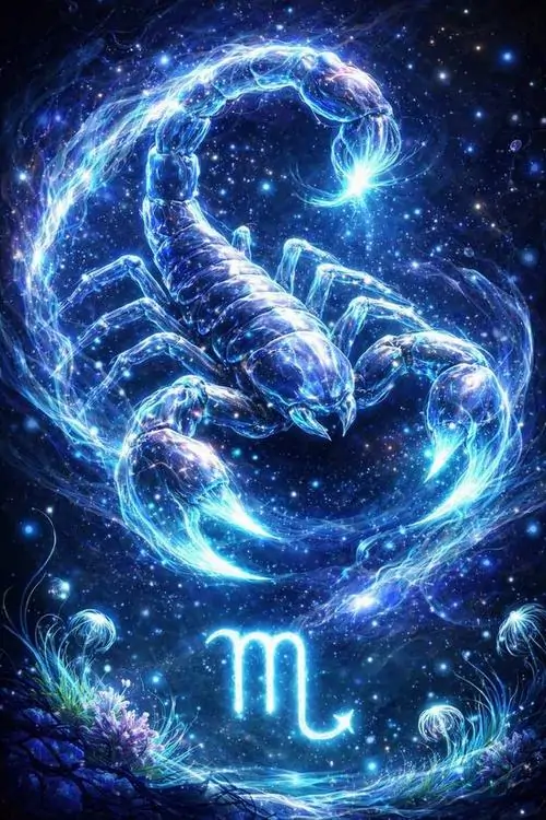 Bọ cạp xanh phát sáng cuộn mình giữa xoáy sao và làn khói lam, ký hiệu hoàng đạo ở góc dưới khiến tấm này hợp làm ảnh Thiên Hạt theo kiểu vũ trụ