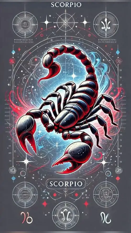 Tấm poster nền xám đặt bọ cạp đỏ xanh ở giữa, xung quanh là ký hiệu và đồ hình mảnh như bản minh họa chiêm tinh học nhìn khá cân và rõ nét