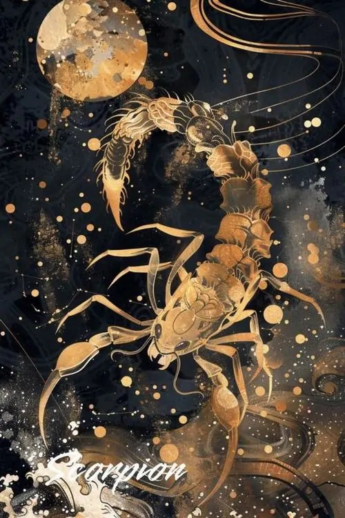 Ảnh dọc con bọ cạp ánh vàng bò chéo trên nền đen phủ hạt sáng, những dải bụi kim tuyến kéo theo đuôi làm ảnh Scorpio trông vừa mạnh vừa mềm