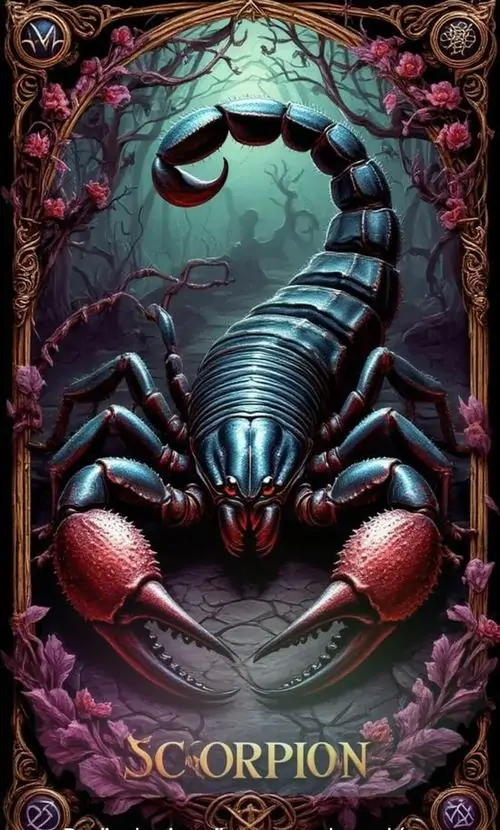 Bọ cạp nhìn chính diện với thân xanh đen và cặp càng đỏ thẫm, phần đầu được đẩy sáng mạnh nên khung hình Thần Nông này tạo cảm giác nặng và áp sát