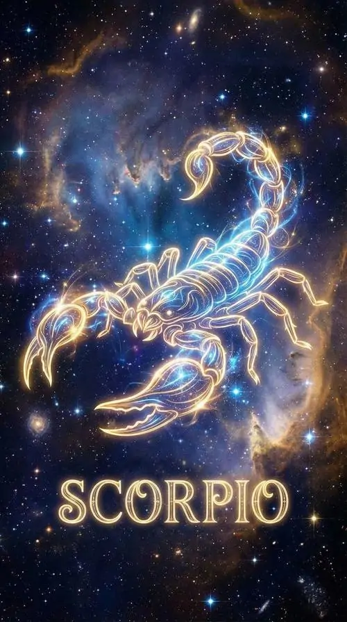 Ảnh nghệ thuật bọ cạp phát sáng như được ghép từ sao bụi, thân cong giữa nền trời xanh tím và dòng chữ Scorpio bên dưới làm ảnh chòm sao rất dễ nhận ra