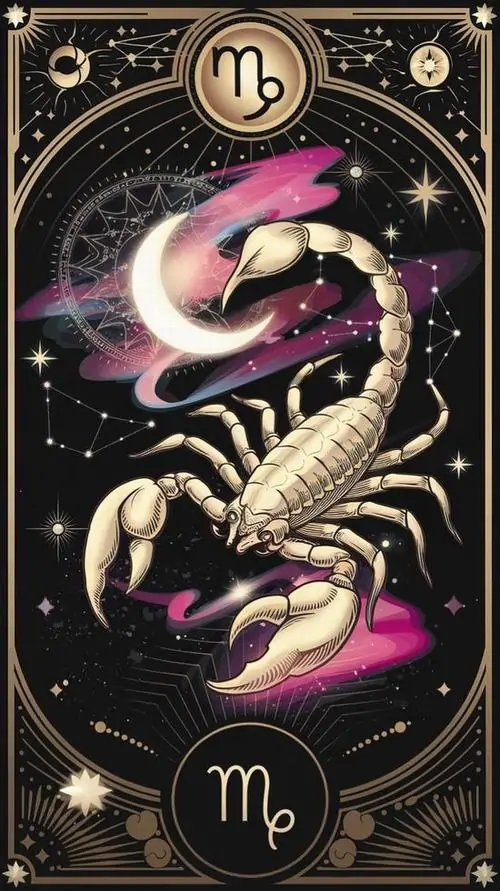 Khung bài màu đen ánh vàng đặt bọ cạp trắng hồng ở trung tâm, hai ký hiệu nhỏ trên dưới giúp hình Thiên Yết này trông vừa cổ điển vừa có nét hiện đại