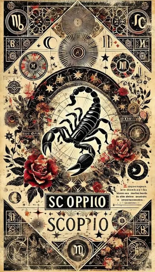 Hình nền lá bài cung Bọ Cạp tông kem cổ điển với con bọ cạp đen uốn cong giữa hoa văn dày, khung đối xứng kiểu tarot làm tổng thể nhìn rất chỉn chu