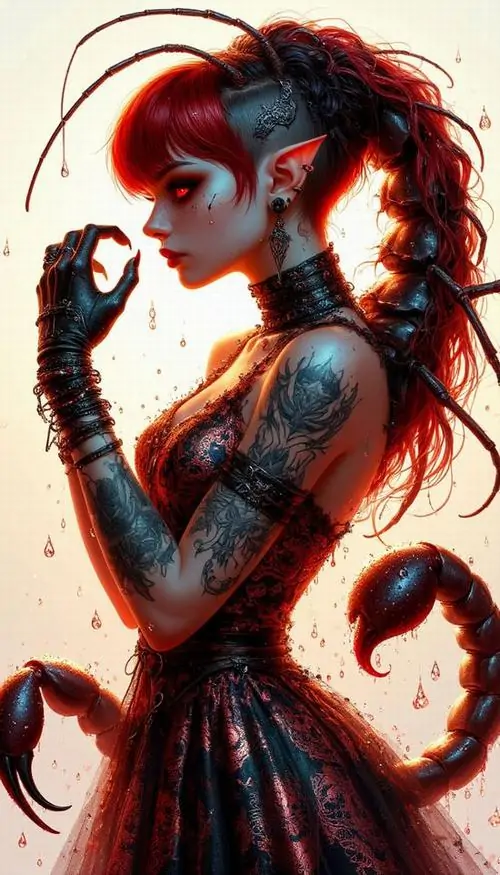 Hình hoàng đạo cô gái tóc đỏ buộc cao đứng nghiêng, thân váy ôm sát và chiếc đuôi bọ cạp vươn ra sau khiến hình ảnh Hổ Cáp mang dáng người rõ rệt