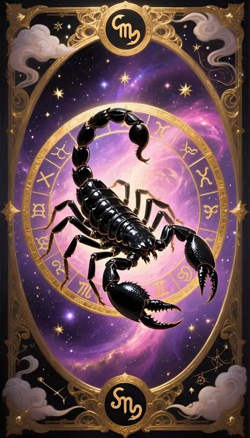 Hình nền khung bầu dục tím hồng ôm lấy con bọ cạp đen đang vươn đuôi, viền vàng và hai biểu tượng nhỏ làm tấm này rất hợp kiểu ảnh cung thứ tám cổ điển
