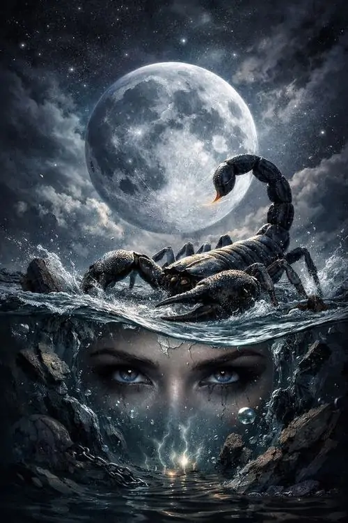 Dưới vầng trăng sáng, bọ cạp đứng trên mặt nước còn đôi mắt người phụ nữ hiện mờ phía dưới, bố cục chồng lớp làm hình Thiên Yết khá lạ và cuốn