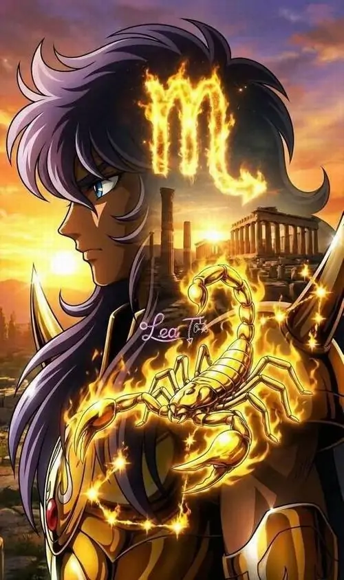 Ảnh nền cô gái tóc ngắn xoay nửa người, bộ giáp và ánh vàng quấn quanh thân như ngọn lửa, ký hiệu Bọ Cạp phía trên khiến ảnh nhìn mạnh và rực