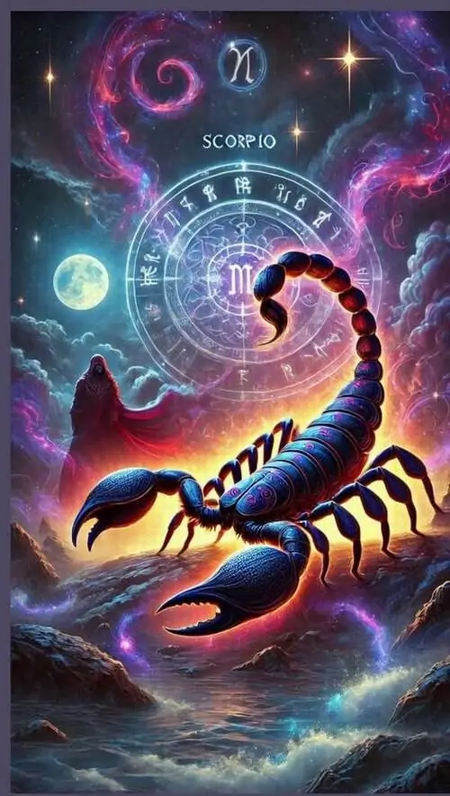 Con bọ cạp neon tím cam hiện lên giữa nền sao và vòng sáng xoáy, đuôi cong cao cùng mảng màu rực làm hình chòm sao Scorpio rất bắt mắt