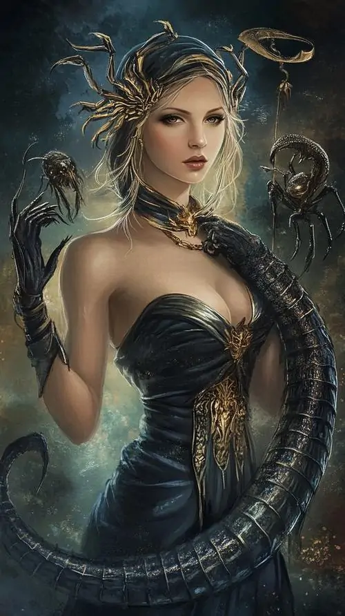 Ảnh bìa người phụ nữ mặc váy đen ôm dáng đứng nghiêng, phía sau là thân bọ cạp cong mềm nên cả khung hình Thần Nông vừa người vừa thú khá mượt