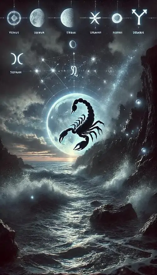 Bầu trời giông và mặt trăng lớn phủ lên mặt biển xám, giữa khung là chiếc đuôi bọ cạp uốn lên như một bóng đen của cung nước cố định