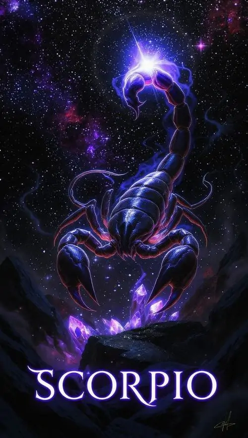 Bọ cạp tím xanh phát sáng như ngọn lửa điện giữa nền đen, dòng chữ Scorpio đặt dưới thân giúp tấm này hợp làm ảnh nền dọc kiểu nổi khối