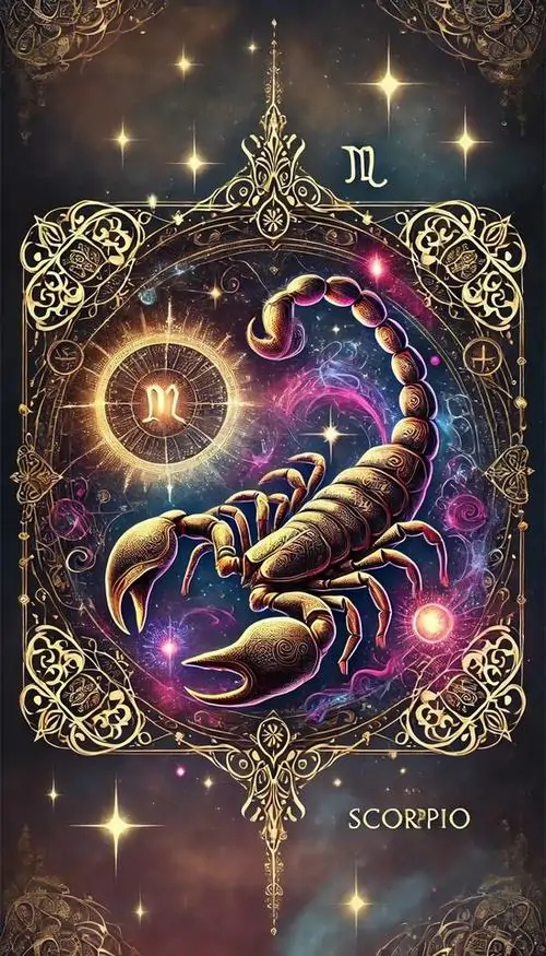 Con bọ cạp tím xanh nổi giữa quầng sáng vũ trụ và họa tiết tròn dày đặc, ảnh Thiên Yết này lên màu rực nhưng vẫn giữ cảm giác huyền hoặc vừa mắt