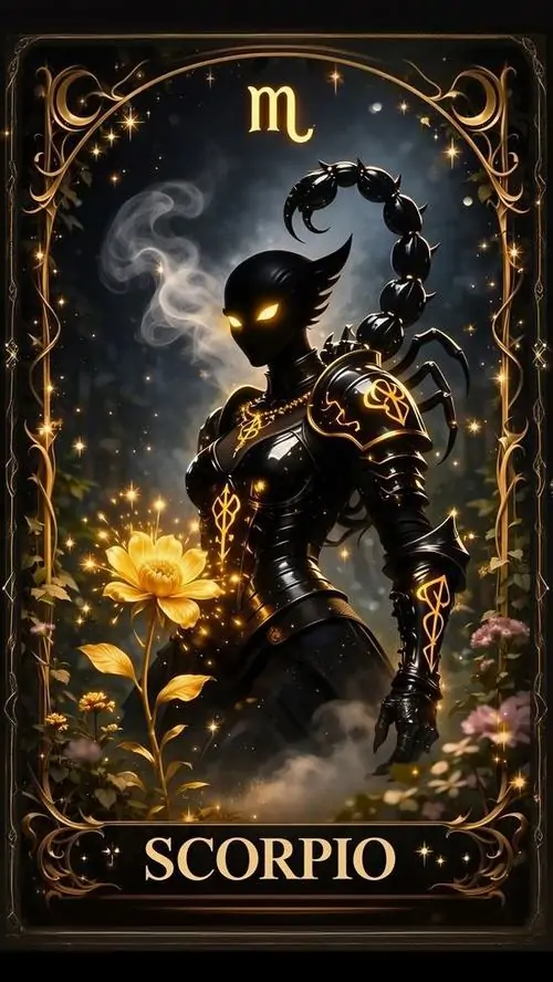 Ảnh wallpaper nhân vật giáp đen đứng chính diện trong khung viền vàng, dáng người cứng và đuôi bọ cạp cong sau lưng làm hình Thiên Yết khá ngầu