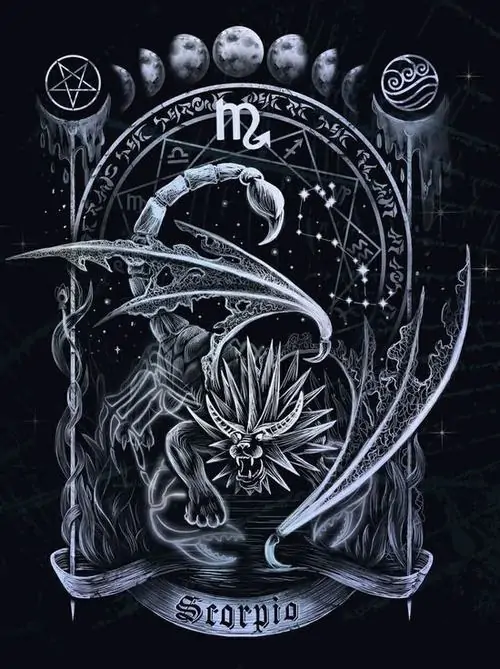 Hình vẽ trắng xám của bọ cạp đặt trong vòng tròn ký hiệu và đường nét mảnh, phong cách khắc họa khiến ảnh Hổ Cáp này giống bản in cổ nhiều chi tiết